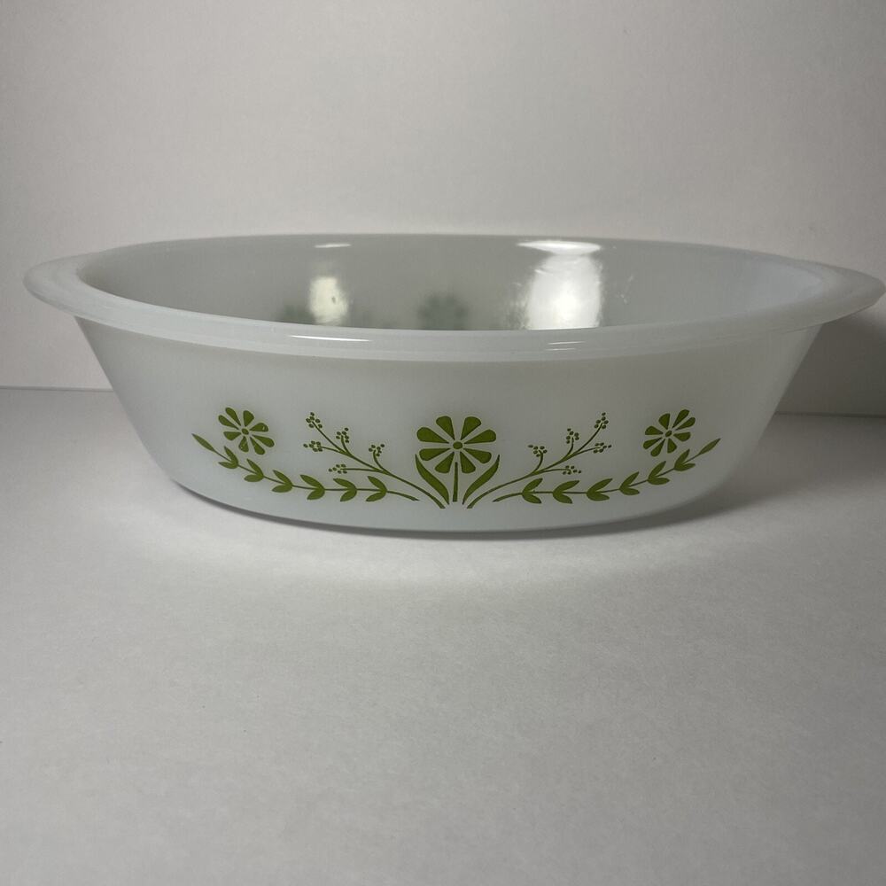 Glassbake 1 Quart Baking Dish Casserole Green Flower Pattern Vintage Kitsch